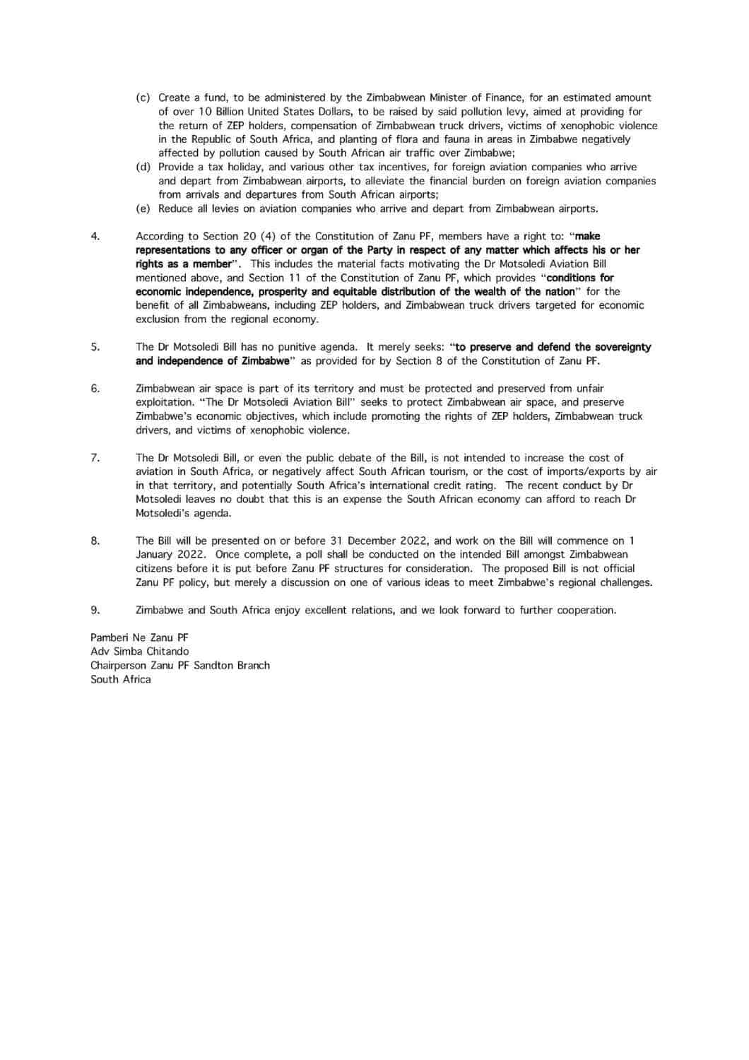 pollution levy,dr motsoaledi aviation bill,zanu pf