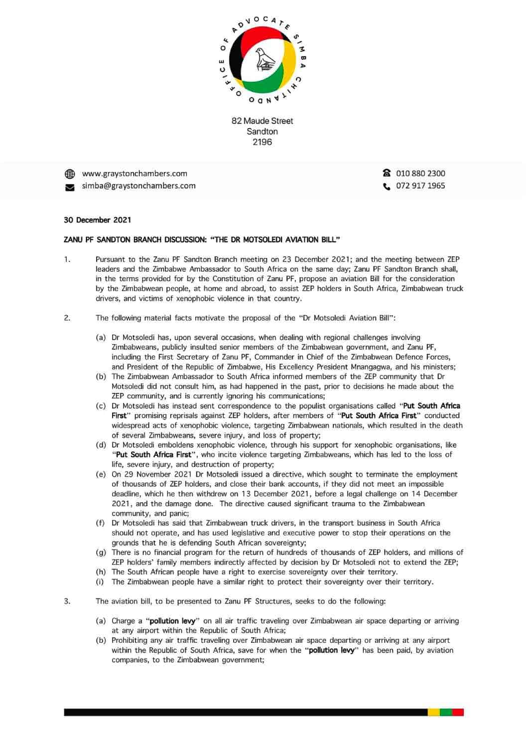 pollution levy,dr motsoaledi aviation bill,zanu pf