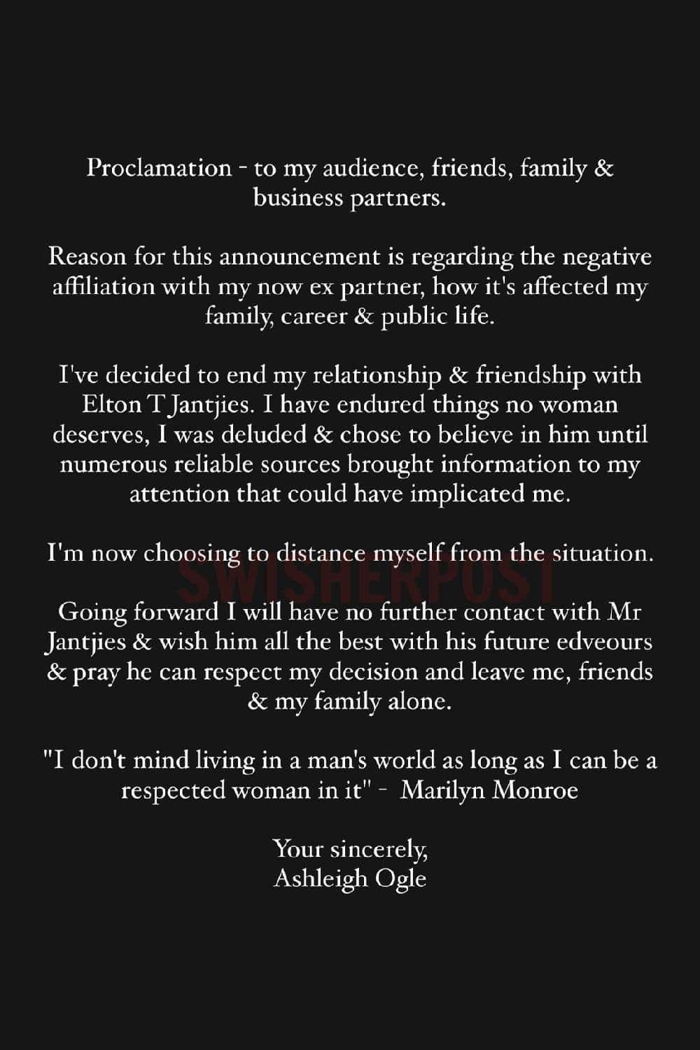 ashleigh ogle elton jantjies breakup statement