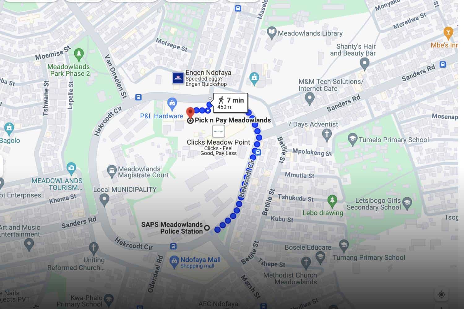 meadowpoint pick n pay to meadowlands police station