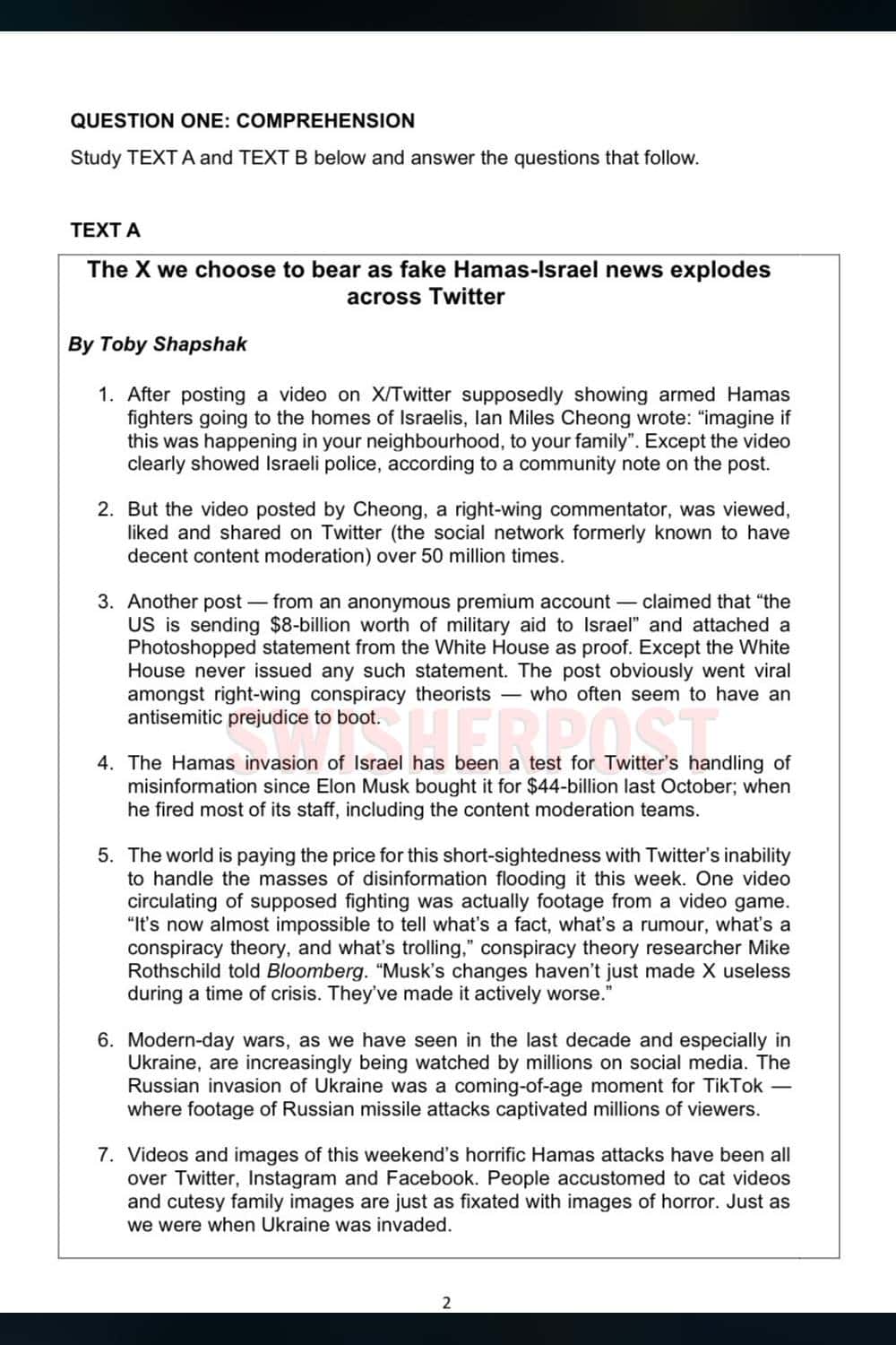 parktown girls high comprehension English exam paper