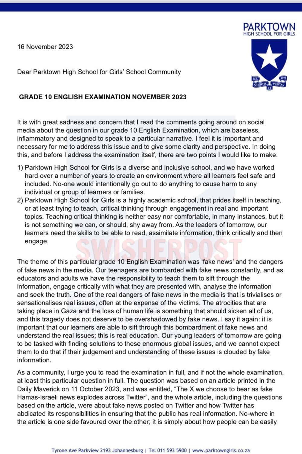 parktown girls high response