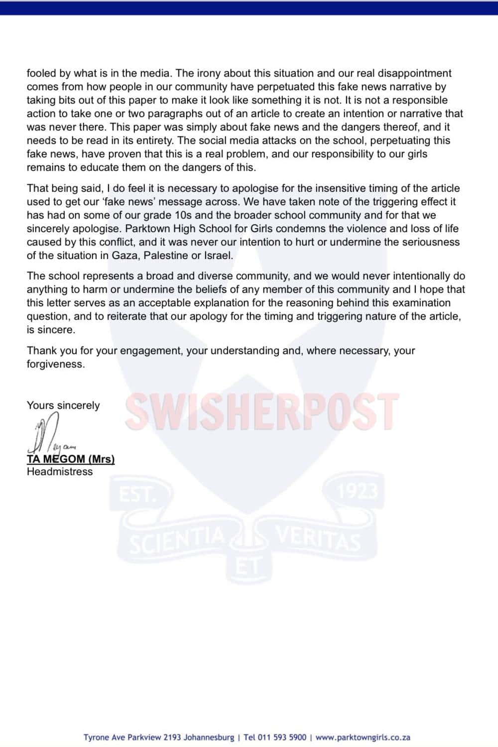 parktown girls high response