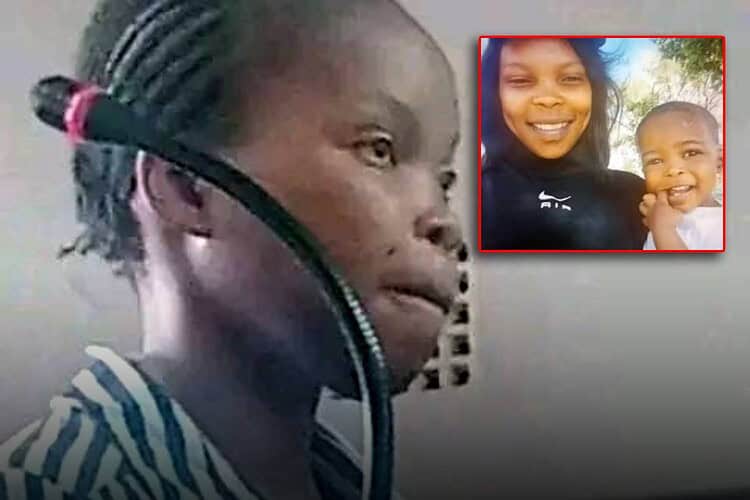 a woman standing on a court dock pictured next to her son.